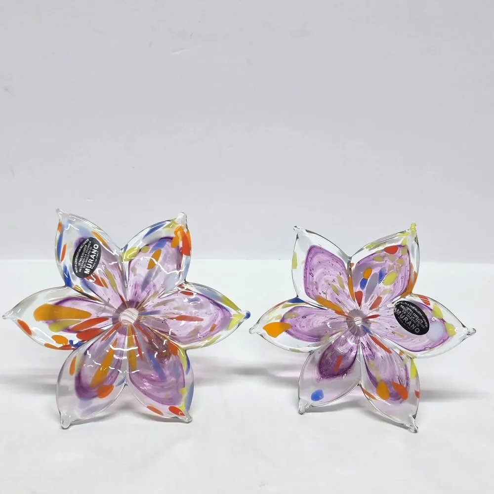 Murano Style Blown Glass Flower Set Of 2 Purple Clear Made in Italy New
